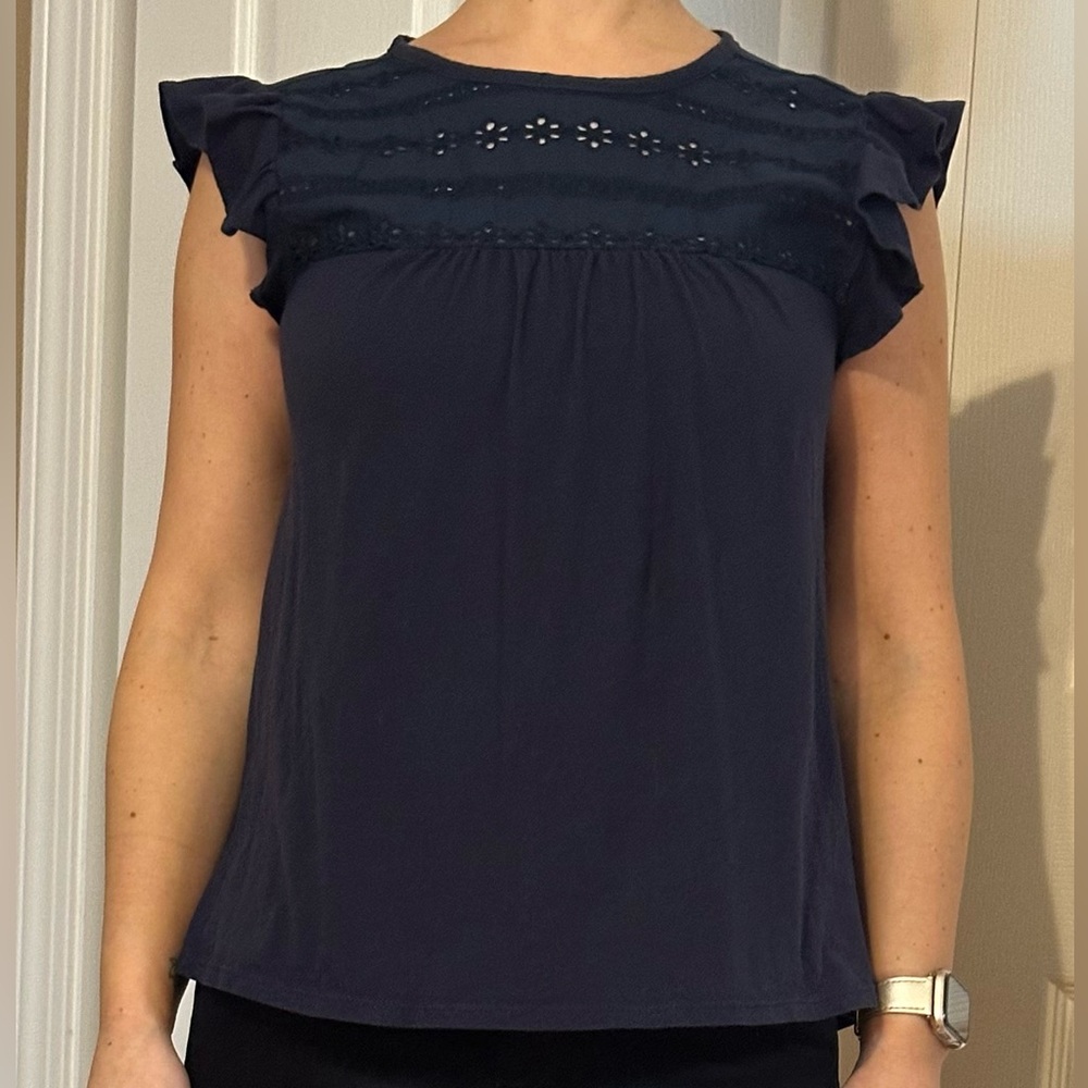 LOFT Navy Ruffle Sleeve Blouse